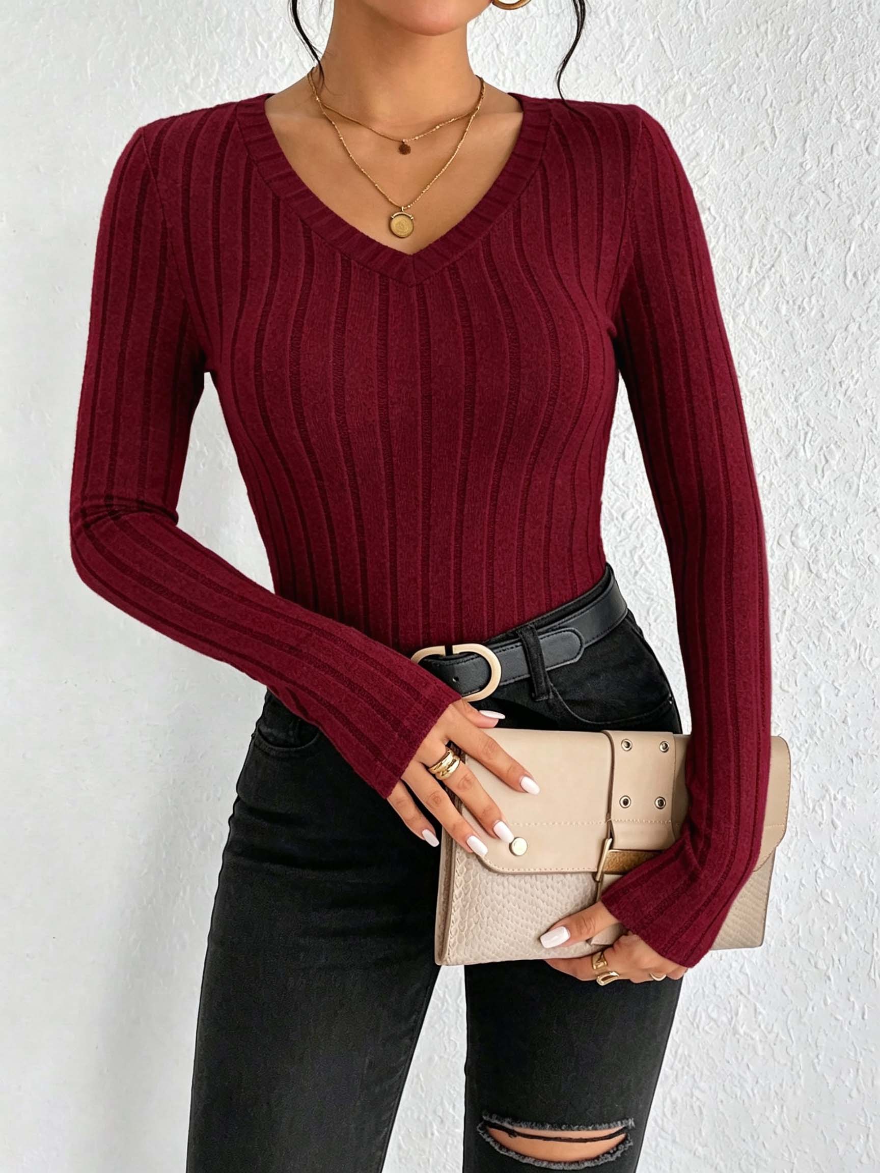 Women Solid V‑Neck Ribbed Knit - Wallpaper recension och pris